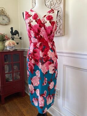 Enfocus Studio Teal Midi Dress with Pink Floral Print